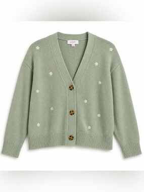 LOFT Sage Green Daisy Embroidered Cardigan Cottagecore ButtonFront Sweater L